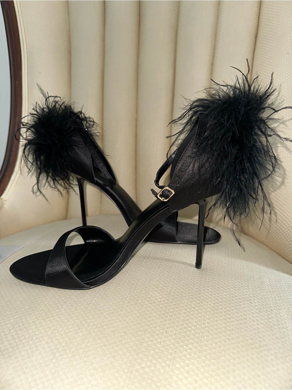 Good American Black Feather-Trim Stiletto Sandals